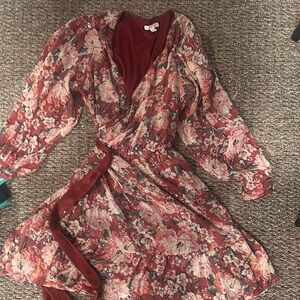 Red Long Sleeve Wrap Dress with Bishop Sleeves